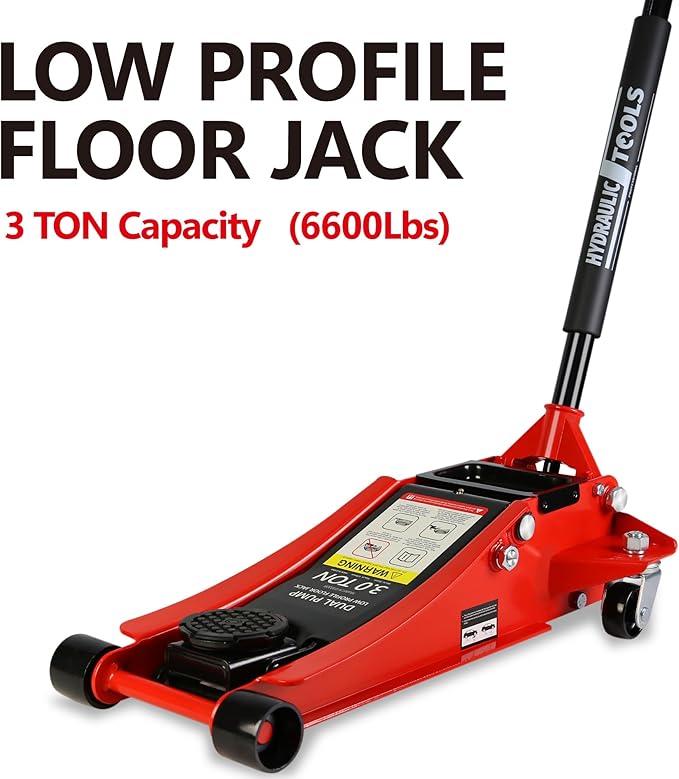 Pro Steel 3 Ton Low Profile Racing Floor Jack - Dual Pistons Quick Lift Pump, Red Heavy Duty Hydraulic Jack, 3.3"-18.5" Lift Range, 6600 lb Capacity