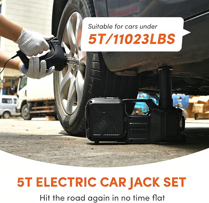 Electric Car Jack Kit 5 Ton 12V Floor Jack Portable Hydraulic Car Jack with Impact Wrench and Tire Inflator Pump for SUV Sedans Tire Change with LED Light, Lifting Height 6 to 17.7 Inch(Black)