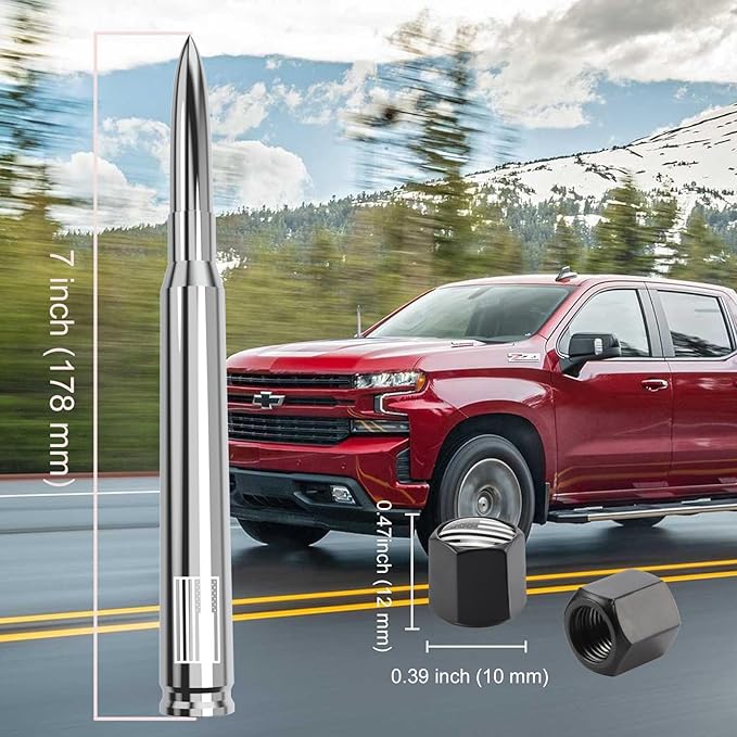 Car Truck Antenna with Tire Valve Caps American Flag Universal Short Replacement for GMC Sierra Chevy Silverado Dodge Ram 1500 2500 3500 Ford F150 F250 F350 Super Duty Raptor Accessories, Chrome