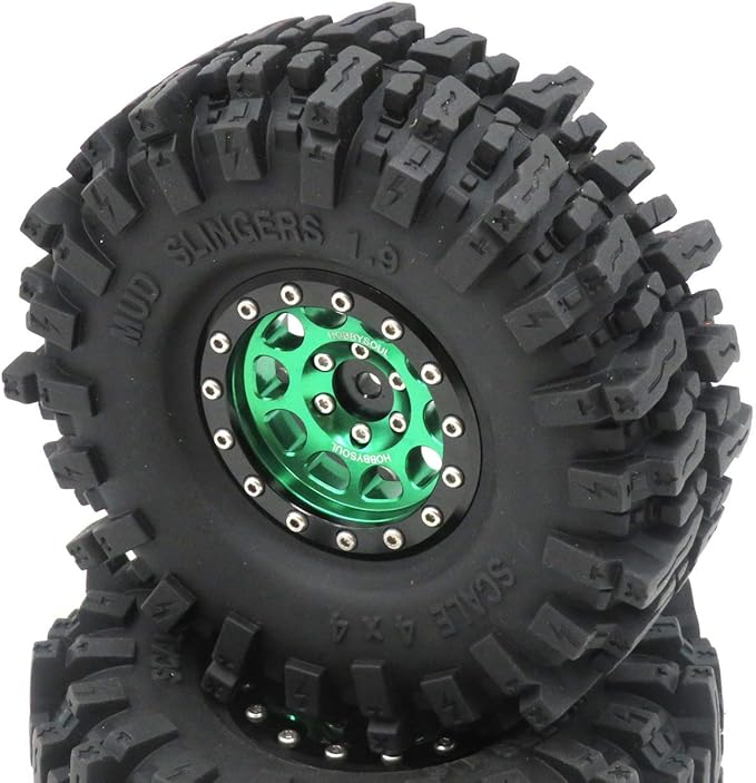 HOBBYSOUL RC 1.9 Mud Slingers Tires Soft Sticky Tyre 120mm & 1.9 Beadlock Wheel Green Black For 1/10 Rock Crawler Axial SCX10 Capra Traxxas TRX4 Redcat Gen8, (4-Pack)