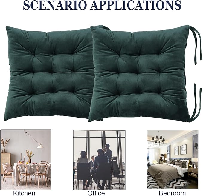 2 Pack Square Seat Cushion Chair Pads for Kitchen Dining Chairs, Soft Comfort Velvet Chair Mat Pillow Cushions with Ties for Office Desk Living Room Tatami 15.5", Dark Green