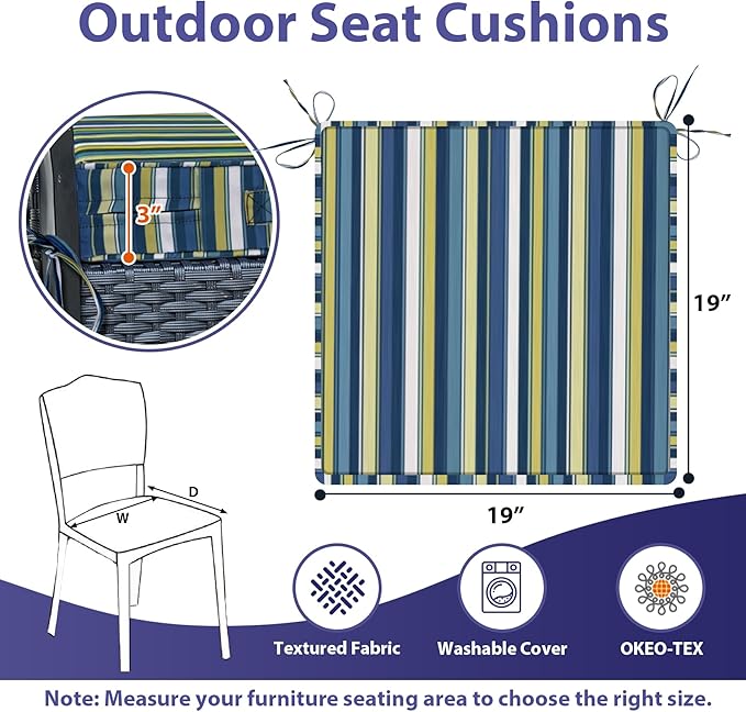 IPYNBAP Outdoor Chair Cushions Set of 4 -Waterproof Outdoor Seat Cushions for Patio Furniture, Patio Chair Cushion with Handle and Ties, Out Door Chair Pads,19x19x3-Square, Blue Stripe