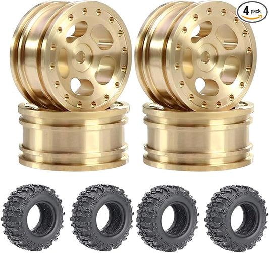 4pcs SCX30 Brass Offset 0.7'' Wheels Set with Rubber Tires Sponge Insert for AXIAL SCX30 Ford Bronco JEEP WRANGLER JLU RC Crawler Upgrade Part ﻿ (Golden 5-hole set)