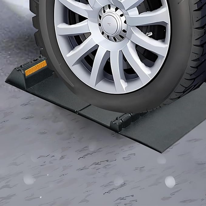 Car Parking Guide Mat, Durable Self Adhesive Anti-Skid Rubber Parking Mat, Wheel Stopper, 2 Pack FoldingTire Guides for Cars, Trucks, 23.6''x15.7''x2.8'' Black with Reflective Strips