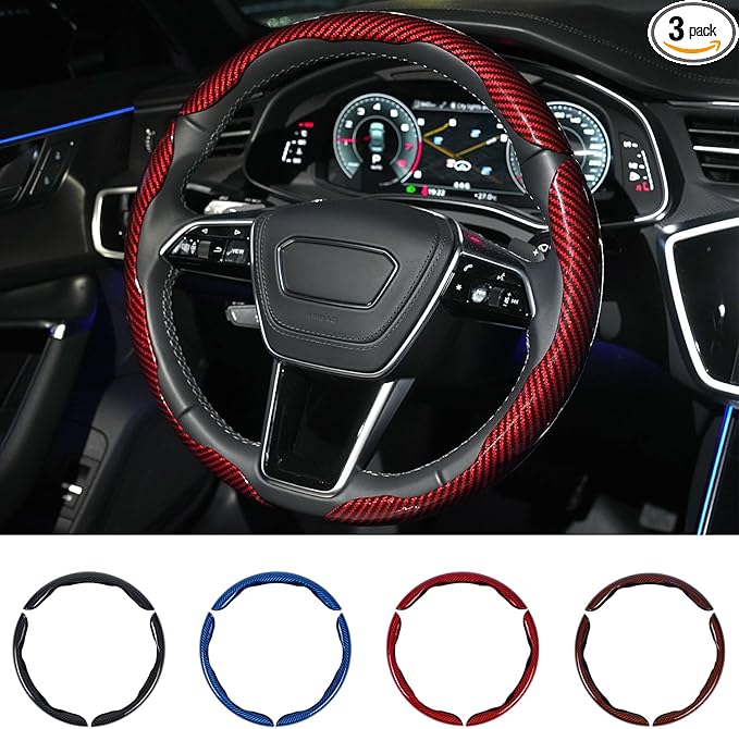 Hiseanllo Carbon Fiber Steering Wheel Cover 3PCS Set – Anti-Slip, Scratch-Resistant, Universal Fit for 14–16 Inch Wheels – Interior Car Accessories for Cars, SUVs, Trucks (Red)