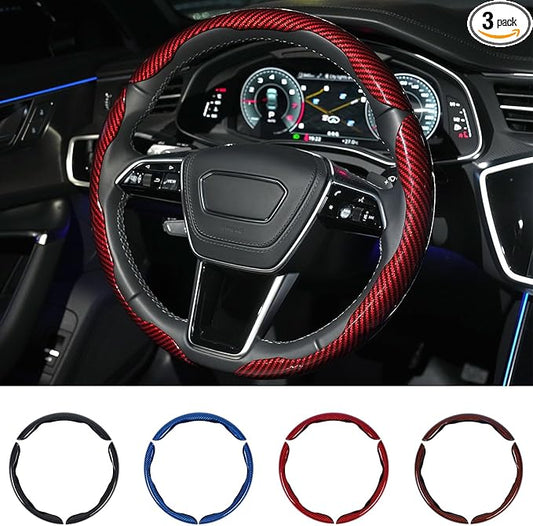 Hiseanllo Carbon Fiber Steering Wheel Cover 3PCS Set – Anti-Slip, Scratch-Resistant, Universal Fit for 14–16 Inch Wheels – Interior Car Accessories for Cars, SUVs, Trucks (Red)
