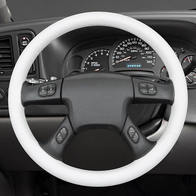 MEWANT Hand Stitched Steering Wheel Cover for Chevy Silverado 1500 2003-2006 DIY White Faux Leather Steering Wheel Wrap