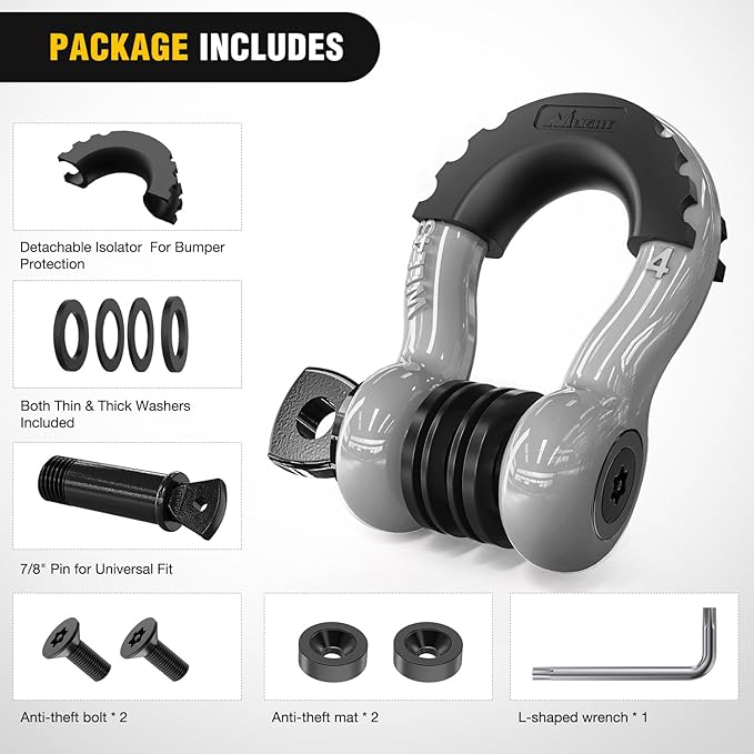Nilight 3/4 inch D Ring Shackle 2 Pack 19T (41,887 lbs) Break Strength 4.75T WLL Heavy Duty Towing Hook with Anti-Theft System Anti-Rattle Isolators for Truck Jeep SUV ATV UTV Recovery Grey