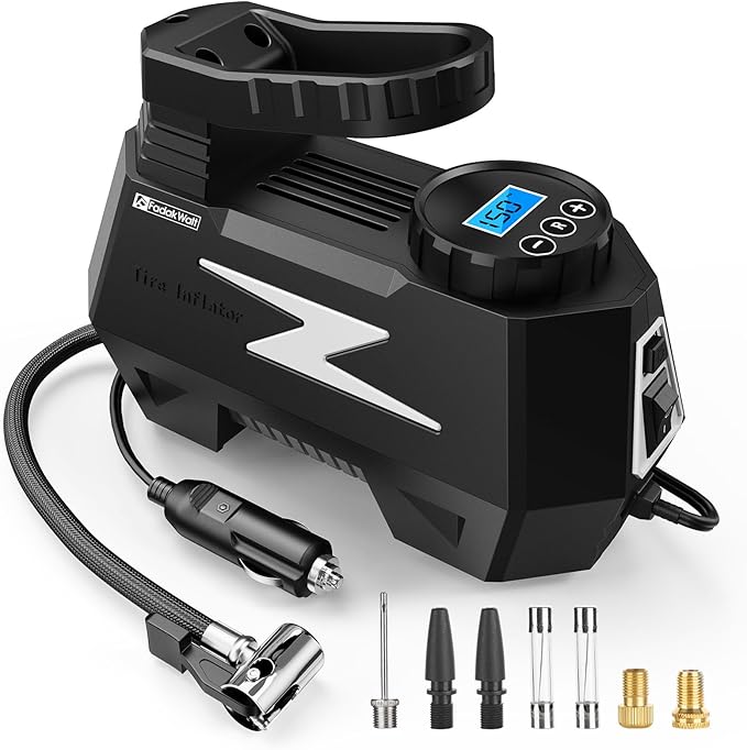 FADAKWALT Tire Inflator Portable Air Compressor, DC 12V Tire Air Pump with LED and 150PSI Digital Pressure Gauge, Portable Tire Inflator for Car Tires, Motorcycles, Bike, Ball (Silver)