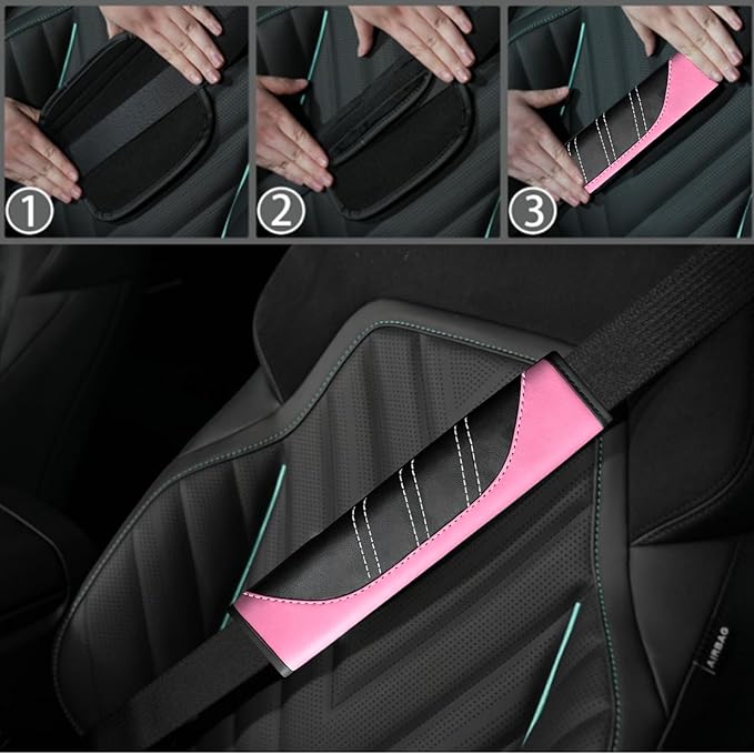 NBTEPEM 6 Pcs Pink Car Accessories Set, Sport Leather Steering Wheel Cover 14.5-15inch Universal, Microfiber Leather Car Center Console Cover, Seat Belt Cushion, Cup Holder Coaster (Black-Pink)