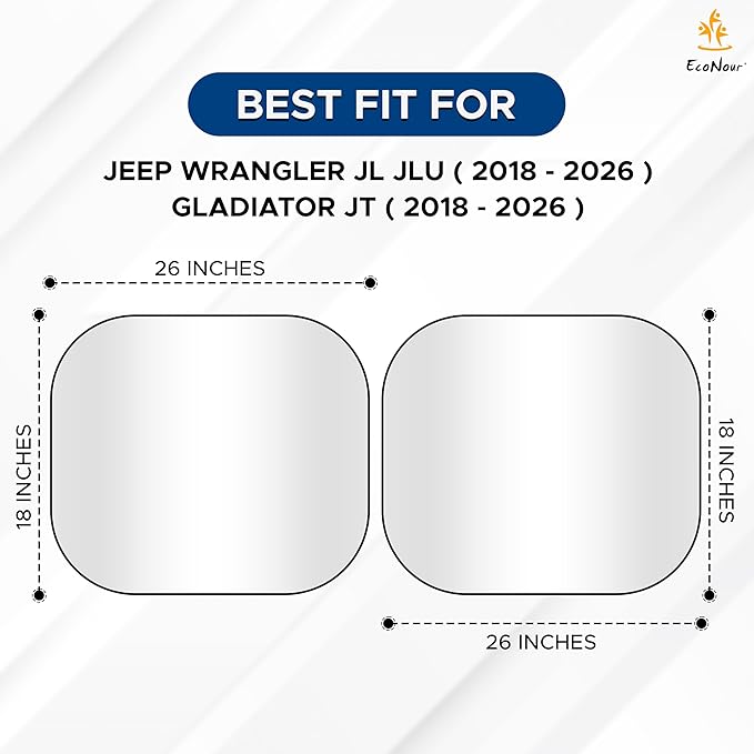 EcoNour 2-Piece Jeep Sunshade for Windshield Compatible with Wrangler JL JLU 2018–2025 & Gladiator 2020–2026, Foldable Sun Shade UV Block Heat Shield, Keeps Interior Cool, Upgraded Fit – (26"L x 18"W)