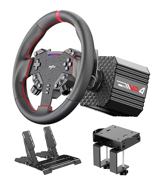 PXN Direct Drive Racing Wheel, VD4 Bundle - 4Nm Force Feedback Servo Motor Base, 11-Inch Steering Wheel, Hall Effect 2-Pedal Set, Desk Clamp Mount - PC Sim Racing Bundle for Windows 7-11