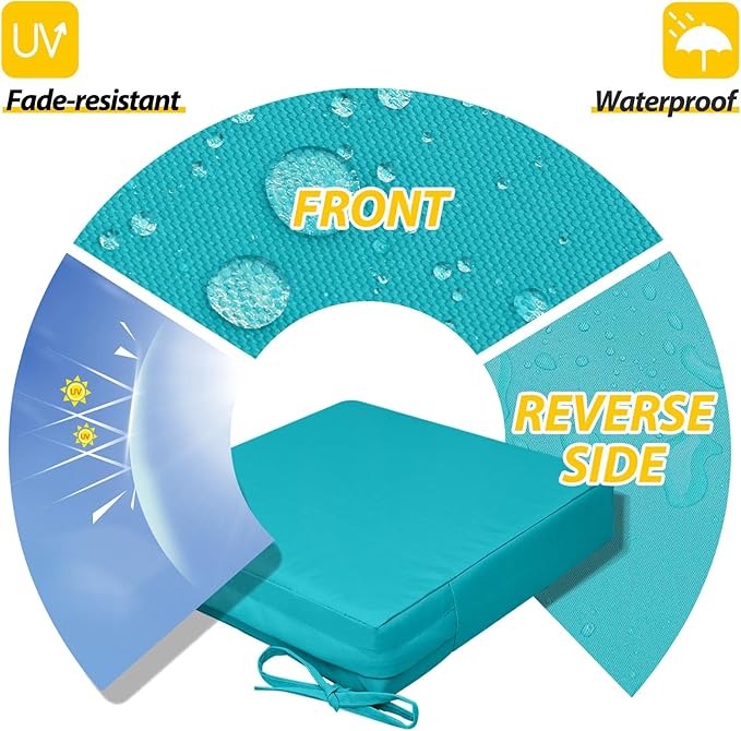 AAAAAcessories Outdoor Seat Cushions for Chairs, Waterproof, Fade-Resistant, 22" x 22" x 3", Patio Furniture Replacement Cushions, Set of 2, Turquoise Blue