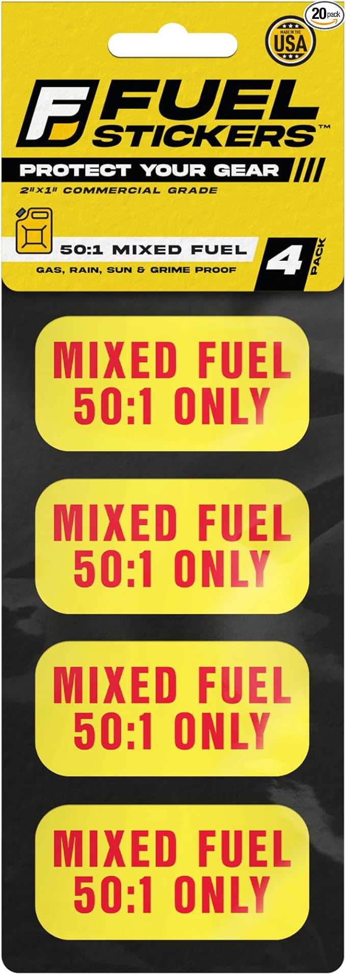 Mixed Fuel Stickers 50:1, 2 Cycle Label for Outdoor Fuel Power Equipment - Weather Proof, Extreme Stick, Commercial Grade Labels by Fuel Stickers - USA Made (2x1 inch), 20 Labels