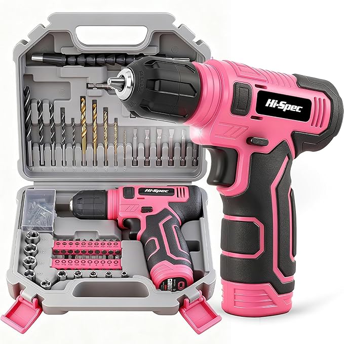 Hi-Spec 110pc Pink 8V USB Electric Power Cordless Womens Drill Driver Set. Drill Bits, Sockets and Screwdriver Bit Set Accessories In a Portable Toolbox Case for Ladies