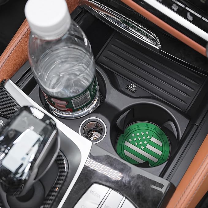 Osilly Car Cup Holder Coasters, 4 Pack American Flag Insert Car Cup Coaster, 2.75 Inch PVC Anti Slip Shockproof Embedded Drink Mat, Car Interior Decoration Accessories for SUV, Truck(Dark Green)