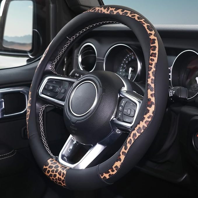 Leopard Steering Wheel Cover, Breathable Microfiber Leather Universal 14.5-15 inch for Most Automotive Steering Wheel Cheetah Print, Black