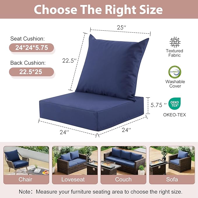 Outdoor Deep Seat Cushion Set, 24x24 Inch Water-Resistant & Fade-Resistant Outdoor Chair Cushions, Patio Furniture Cushions with Removable Cover for Patio Chair, Sofa,Navy Blue (Set of 1)