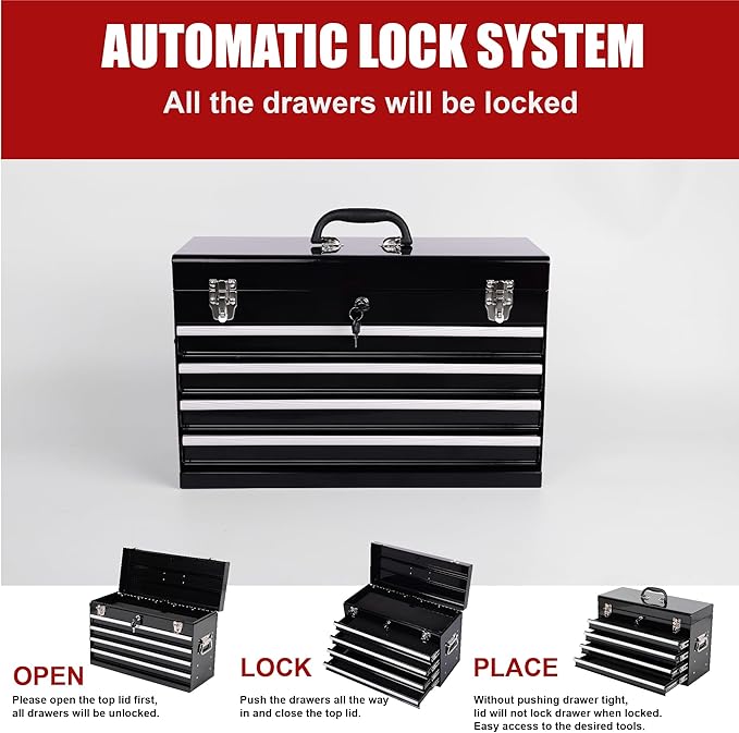 21" Portable 4 Drawer Steel Toolbox, 5 Layers of Tools with Metal Latches, with Top Storage Tray and Carrying Handle, Multi-Function Tool Chest for Garage, Home,or Workbench（black）