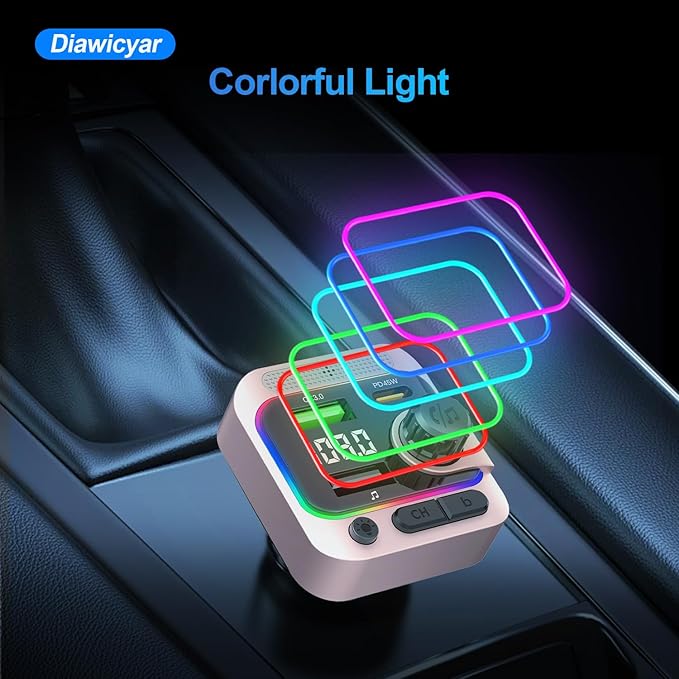 FM Transmitter Bluetooth Car Adapter - 63W Wireless Radio FM Bluetooth Transmitter with Deep Bass Player for Old Cars [PD 45W & QC3.0], Car Charger USB C Fast Charge, Hands-Free Calling, Pink