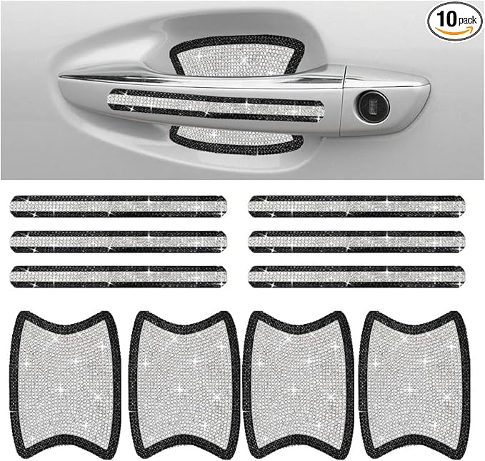 Bling Car Door Handle Protector, Bling Auto Doors Handles Sticker Anti-Scratch, Universal Car Door Handle Protective Cover, Shiny Rhinestone Auto Decor Accessories for Women (Black&White)