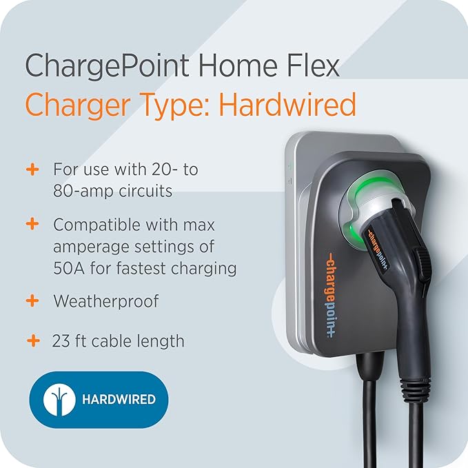ChargePoint HomeFlex Level 2 EV Charger J1772 - Fast Smart Battery Power Charging at Home for Electric Automobile Vehicles- Hardwired for Electric Car