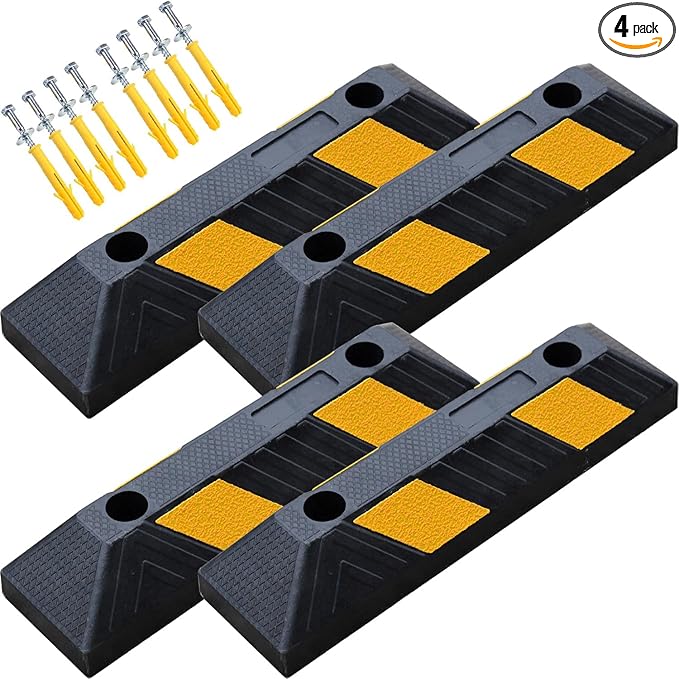 Heavy-Duty Rubber Parking Curbs, Parking Garage Floor Stoppers with Reflective Stickers, Mounting Screws Included, Wheel Stoppers for Car, Truck, Pickup, Motorcycle (21" - 4Pack)