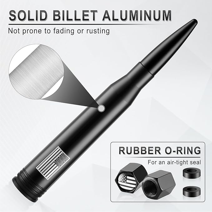 BJSIA American Flag Car Truck Antenna with Valve Stem Caps - Universal Compatible with Ford, Dodge, Chevrolet, GMC, Jeep, Toyota Truck Car Accessories, Heavy Duty Pickup Trucks Accessories - Black