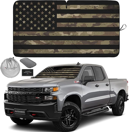 Autoamerics 1-Piece Windshield Sun Shade Dark Camo American Flag USA Design - Foldable Car Front Window Sunshade for Most Sedans SUV Truck - Blocks Max UV Rays and Keeps Your Vehicle Cool - Large