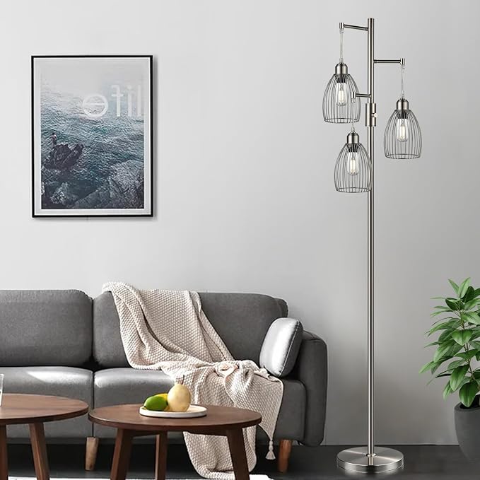 Nintiue Dimmable Floor Lamp, 3 x 800LM LED Edison Bulbs Included, Industrial Floor Lamp Standing Tree Lamp with Elegant Teardrop Cage Heads Tall Lamps for Living Room Bedroom-Brushed Nickel