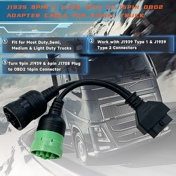 OBD to Type 2 Green 9pin J1939 and 6pin J1708 Split Y Cable for Diesel Truck Diagnostics Adapter, 2-in-1 J1708 6Pin&j1939 9Pin OBD2 Cable Connector Fit for Heavy Duty Truck,Work with Truck scanner