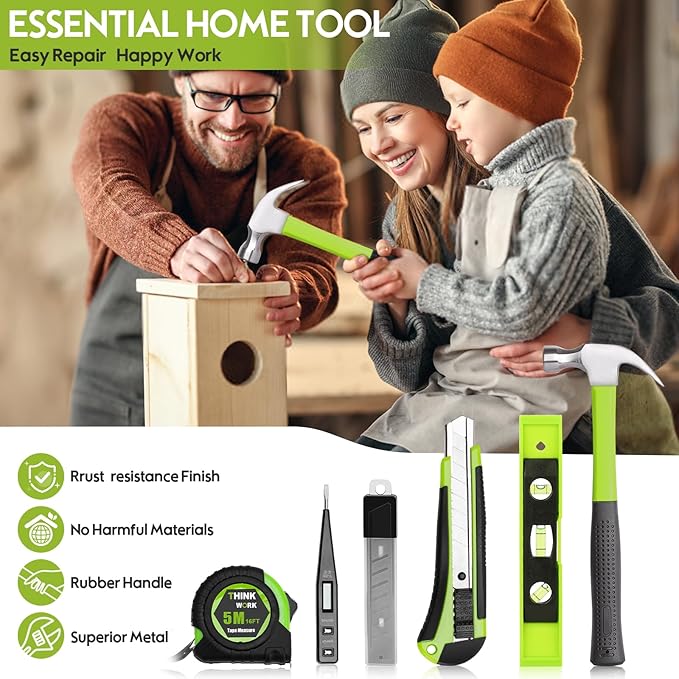 THINKWORK Home Repairing Tool Kit - General Household Hand Tool Set with Storage Toolbox, Small Basic Tool Kit for Men Women, Perfect for DIY, Gift, Home Maintenance, Homeowner, Handyman