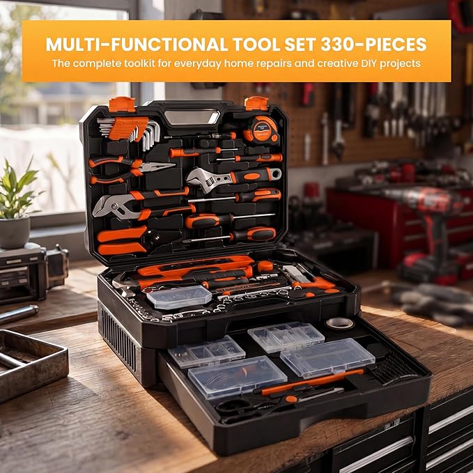 NEWBULIG 330-Piece Complete Tool Box Set, Durable Homeowners Tool Kit with Pull-Out Drawer, Versatile Home Repair Tool Kit for Auto & Household, DIY Projects, Black-Yellow