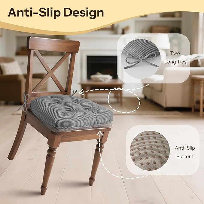Indoor Kitchen Chair Cushions Set of 4 18"X16.5"X3" Soft Anti Slip Dining Chair Pads Tufted Kitchen Seat Cushion with Ties, Grey