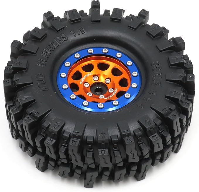 HOBBYSOUL 1.9 Mud Slingers Tires Soft Sticky Tyres 120mm / 4.72inch & Metal 1.9 Beadlock Wheels Orange Blue Rims for 1/10 RC Crawler Trail Traxxas TRX4 Axial SCX10 Redcat Gen8 upgarde