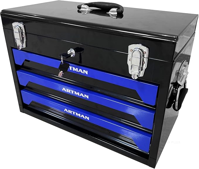 20" Portable 3 Drawer Steel Toolbox,Built in Tool Set,4 Layers of Tools with Metal Latches, with Top Storage Tray and carrying Handle, Multi-Function Tool Storage for Garage, Home,or Workbench