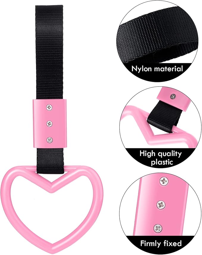 BBTO 2 Pieces Heart Shaped Car Handle Straps Drift Charm Rear Bumper Warning Ring Decor Subway Bus Broken Heart Handle for Car Interior(Light Pink)