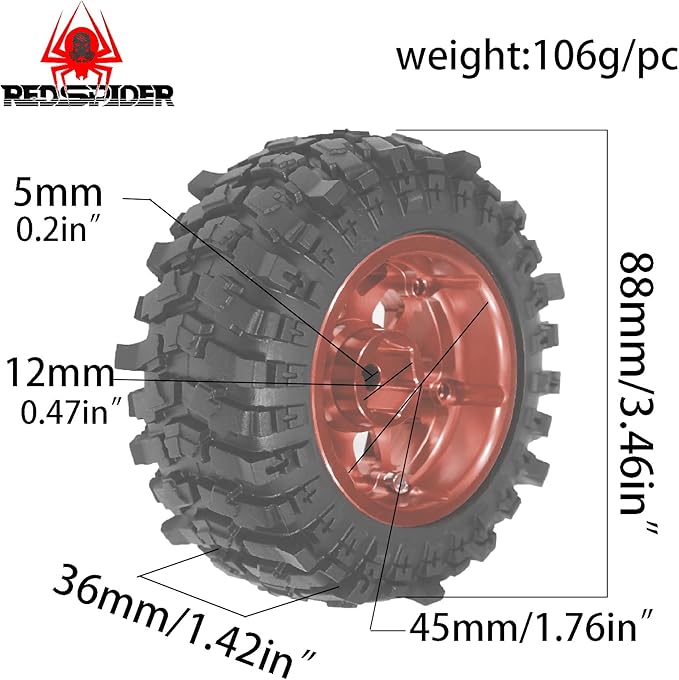 REDSPIDER Metal 1.9'' Beadlock Wheels and Crawler Tires OD 88MM/3.46'' (4PCS) for 1/12 RC Crawler MJX H12Y+ MN-128 MN82S LC79 ﻿ (Red)