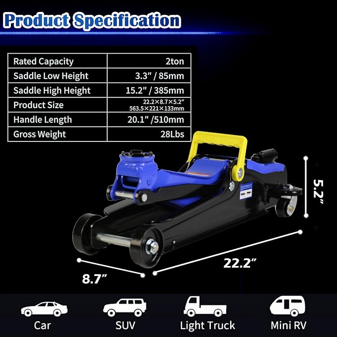 2 Ton Low Profile Floor Jack, Professional Trolley Hydraulic Jack, Heavy Duty Steel Racing Floor Jack with Single Piston Quick Lift Pump, 2Ton (4,000 lb) Capacity, Lift Range 3.3"-15.2"