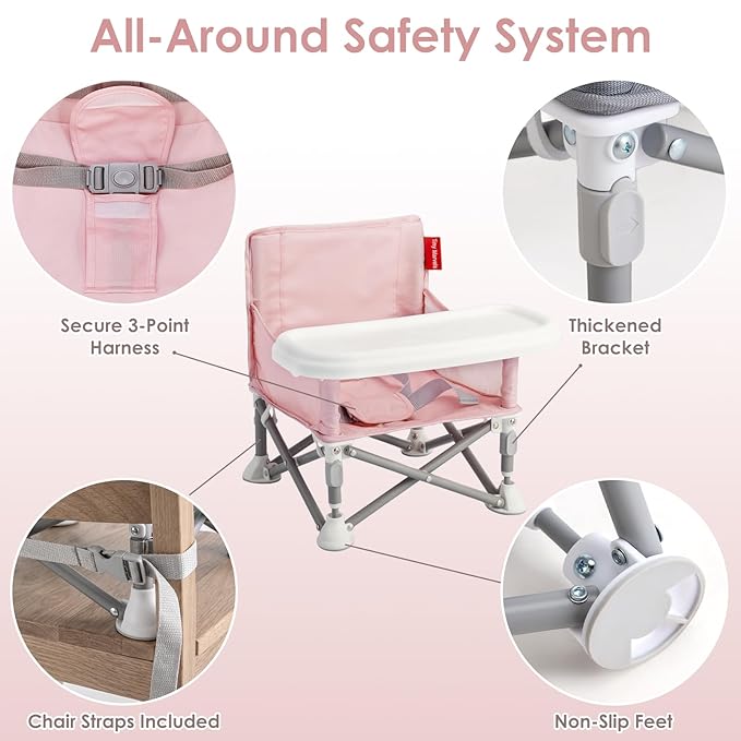 Tiny Marvels Portable Booster Seat, Foldable Baby High Chair with Removable Tray, Safety Harness & Carry Bag – for Toddlers Ages 6M-3Y, Ideal for Dining, Travel, Camping & Family Time