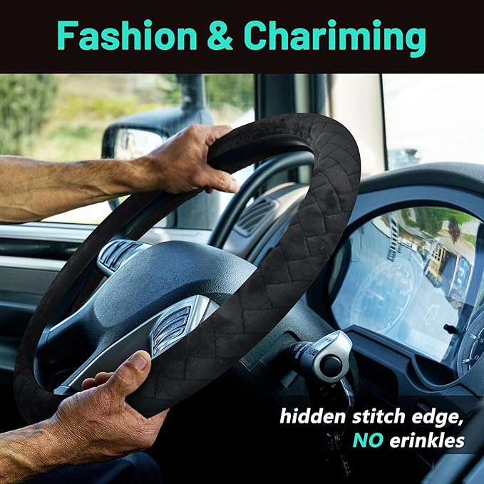 DaisyInner 18 Inch Truck Steering Wheel Cover Velvet Wheel Semi-Truck Comfy Grip Cover Anti Slip Car Accessory, Fits Rv, Big Rig and Classic Car (Black, Fashion Style)