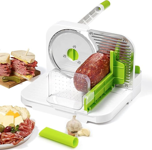 Starfrit Deli Slicer - Slices Meat, Cheese, Bread - 6.5" Stainless Steel Blade - Adjustable Thickness Knob - Nestable for Easy Storage | 2-in-1 Fruit and Vegetable with Bonus Peeler