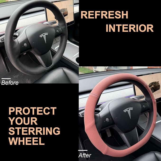 PINCTROT Supported Grip Nappa Leather Steering Wheel Cover for Tesla Model Y/3 Highland/Juniper, D Shaped 14 Inch Small Sized with Breathable Perforation, Flat Bottom 14 Inch(Maple Brown)