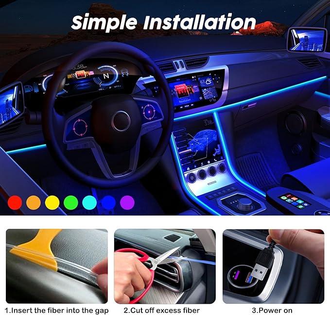 USB Car LED Lights, Interior Car Lights Strip with APP and RF Remote Control, 2 in 1 Ambient Lighting with 157 inches Fiber Optic Music Sync Simple Installation EL Wire Lights (2 in 1/157 inches)
