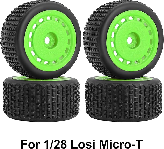 Pre-Mounted Pin Buggy Tires and Wheels Rims Hub Tires Set for 1/24 Losi Micro-B 1/28 Losi Micro-T Wltoys 244016 Upgrade Part (Green Micro-T)