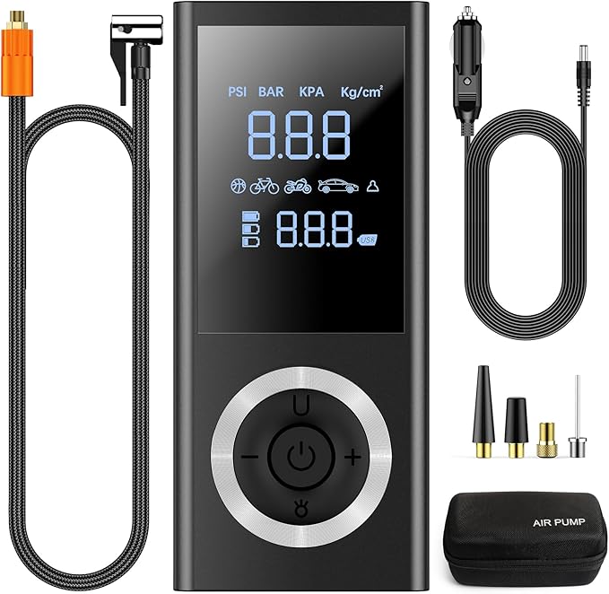 Tire Inflator Portable Air Compressor, Cordless Air Pump For Car Tires with Digital Pressure Gauge, LED Light,12V Car Power Adapter, Storage Box