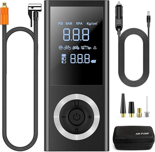 Tire Inflator Portable Air Compressor, Cordless Air Pump For Car Tires with Digital Pressure Gauge, LED Light,12V Car Power Adapter, Storage Box
