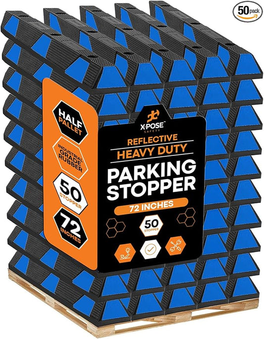 Xpose Safety 72" Heavy Duty Rubber Parking Stopper – Bulk Full Pallet 50 Pack Wheel Blocks for Garage, Driveway, or Ramp – Car Bumper Stop with Blue Reflective Strips – Removable Floor Mount