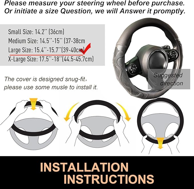 PINCTROT Large Size Comfy Grip Steering Wheel Cover, Anti-Slip Design, 15.5-15.75 Inch(Silicone Black)