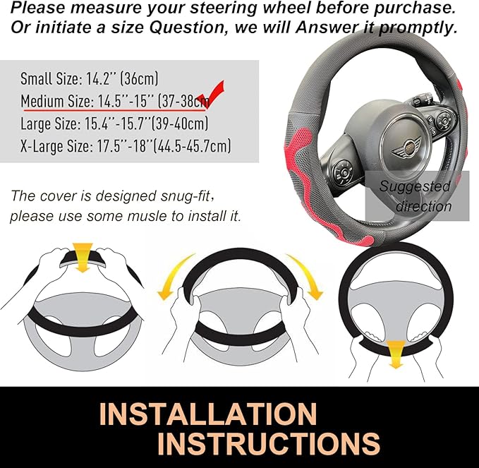 PINCTROT Comfy Grip Steering Wheel Cover, Anti-Slip Design, Universal 14.5-15 Inch(Silicone Red)